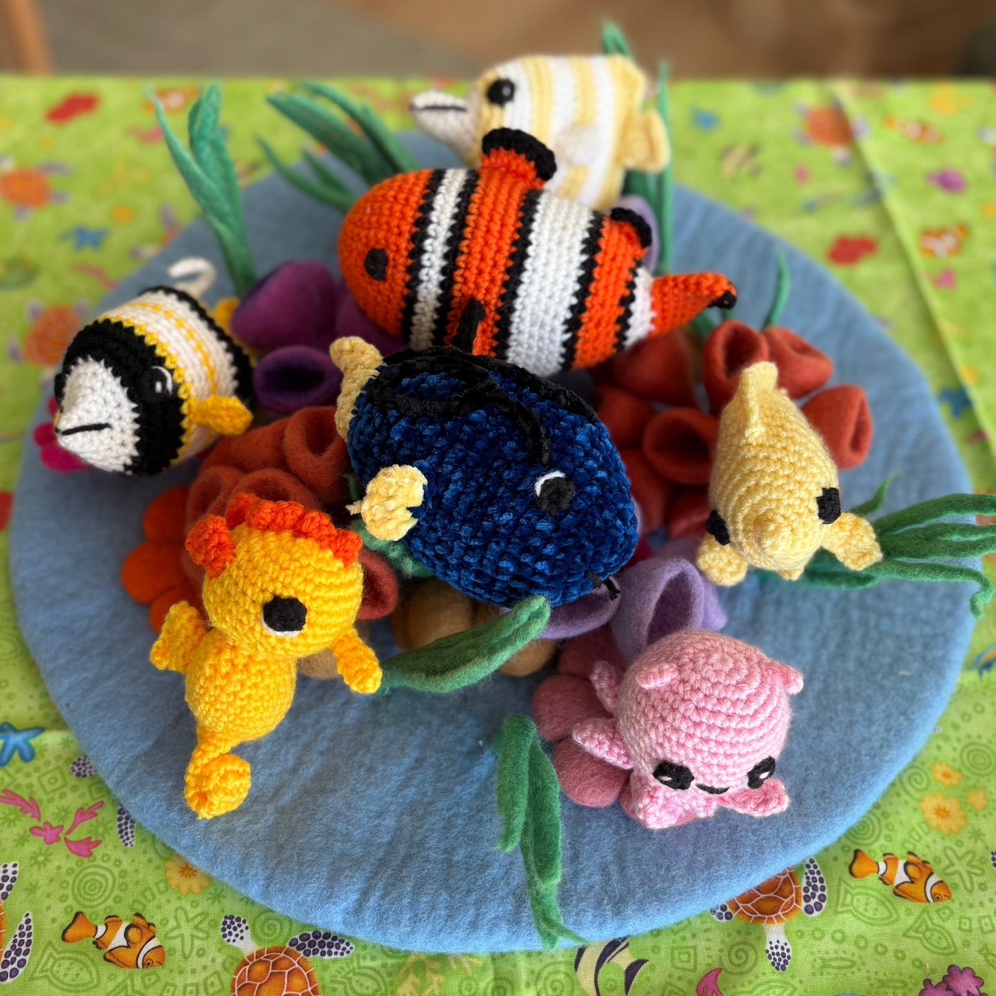 Crocheted Mr Ray with Nemo, Dory and Friends