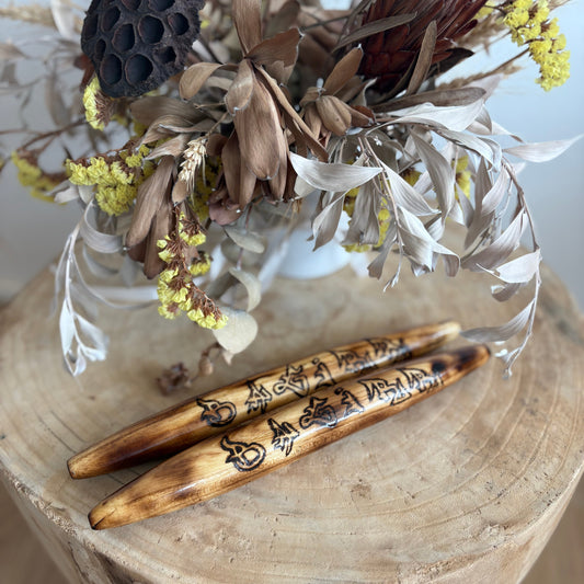 Clap Sticks Burned Wood Design - Hand Crafted by Clarence Wyles