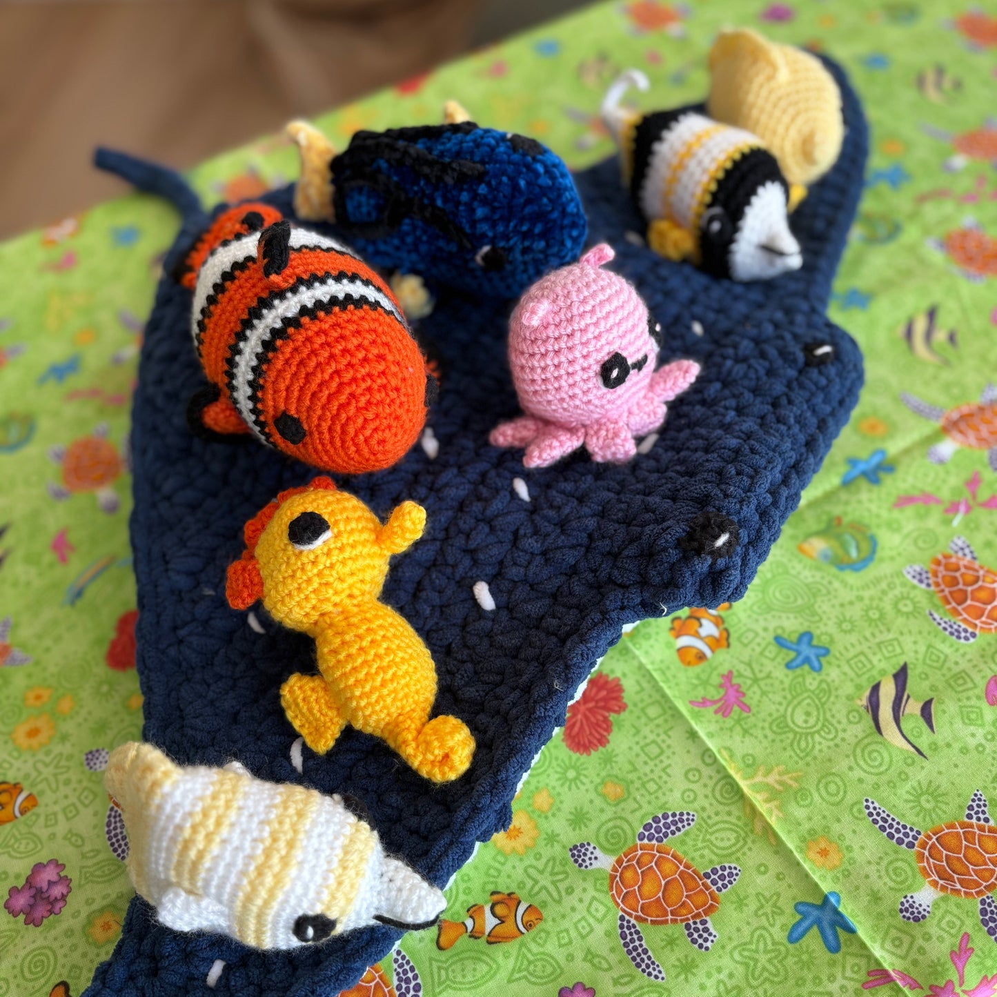 Crocheted Mr Ray with Nemo, Dory and Friends