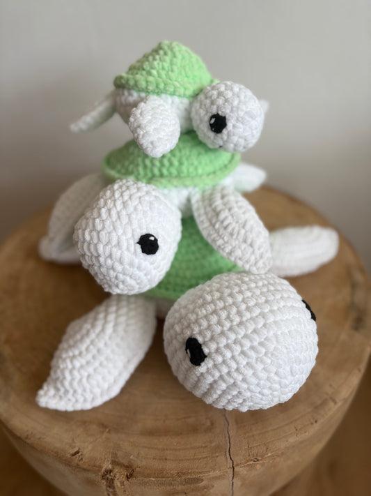 Hand-Crocheted Set of Three Plush Turtles (Light Green)