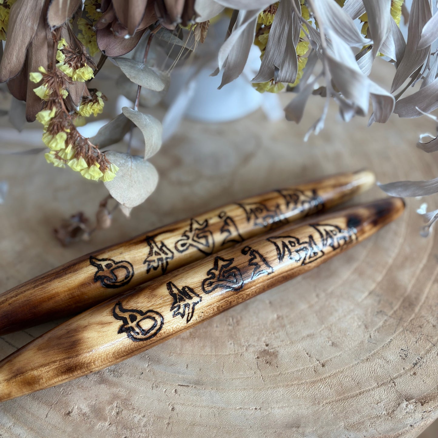 Clap Sticks Burned Wood Design - Hand Crafted by Clarence Wyles