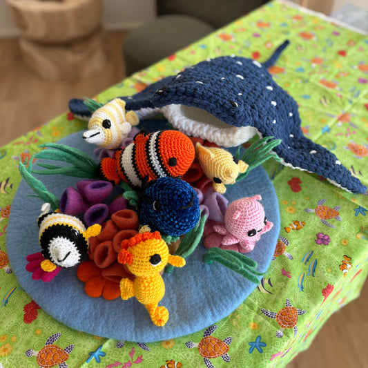 Crocheted Mr Ray with Nemo, Dory and Friends