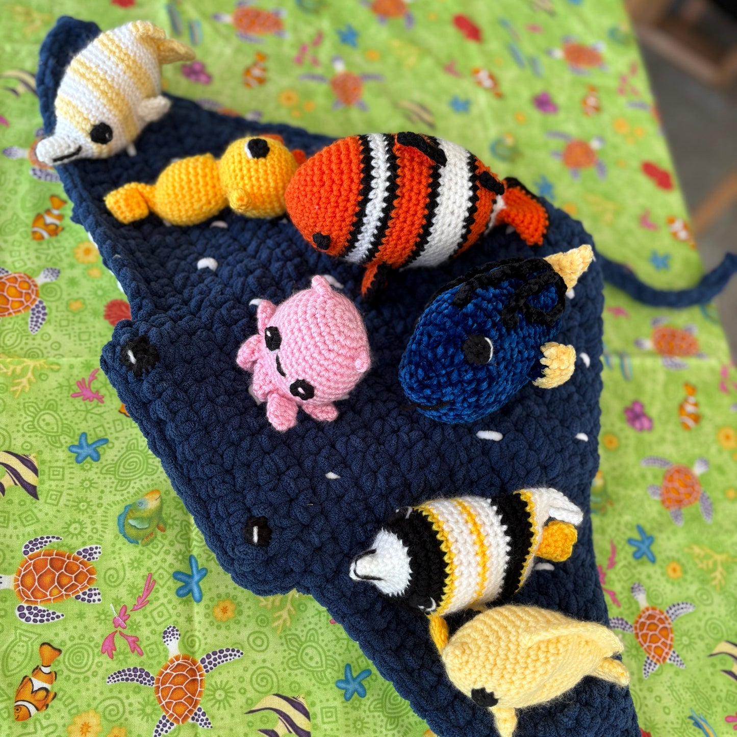 Crocheted Mr Ray with Nemo, Dory and Friends
