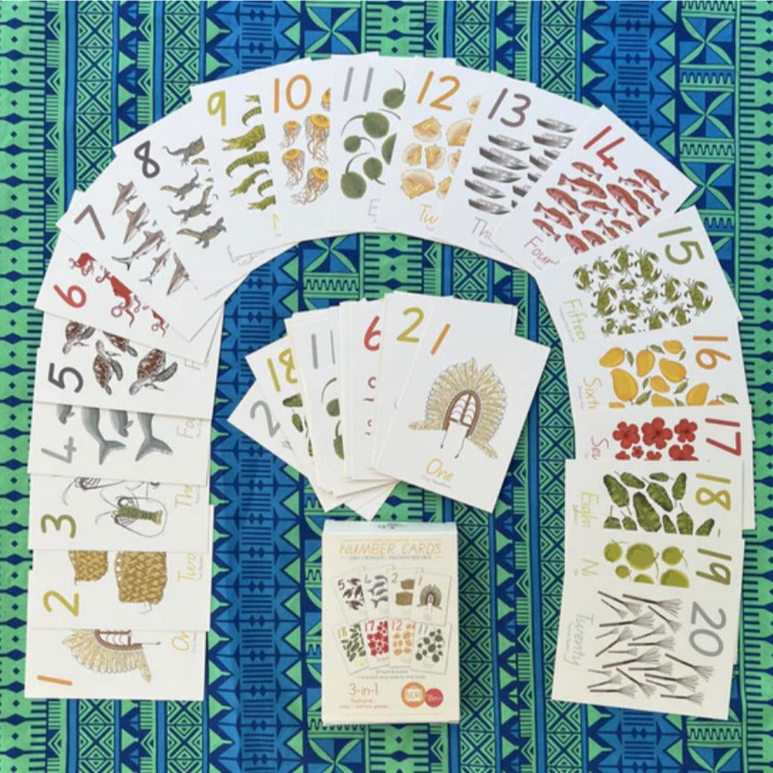 3 in 1 Torres Strait Islander Cards featuring illustrations of plants, animals and other cultural images counting from 1 to 20.